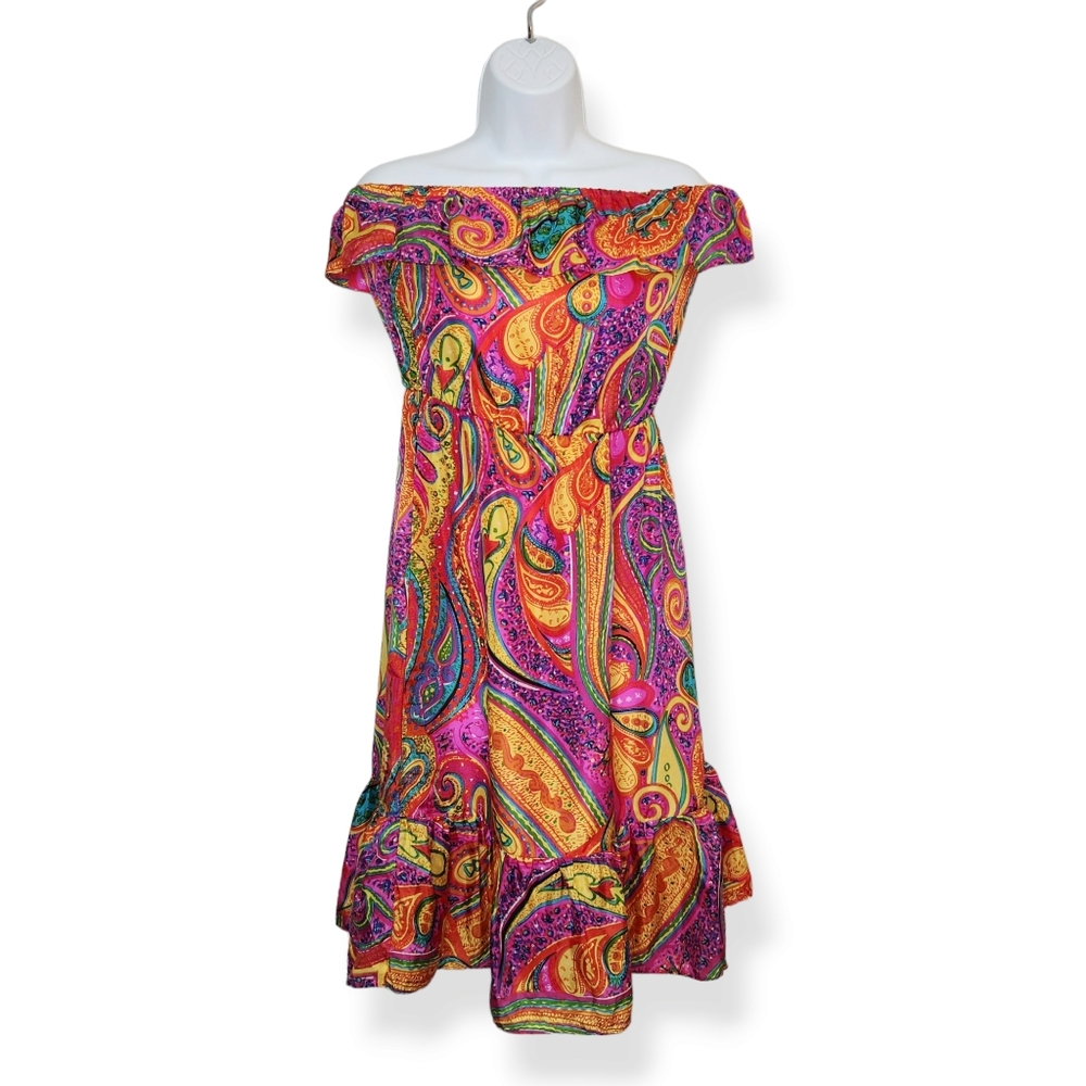 Trina Turk 100% Silk Colorful Tropical Paisley Off Shoulder Ruffle Dress Size 2